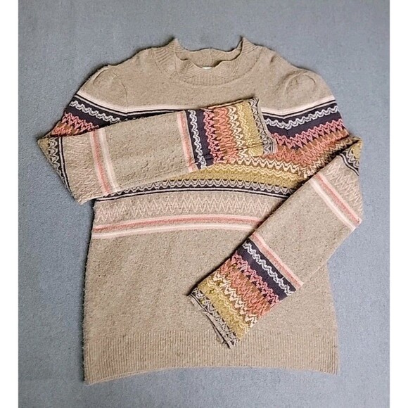 Anthropologie Ett Twa Sweater Womens L Beige Oatmeal Fair Isle Metalic Knit Geo - Picture 1 of 16